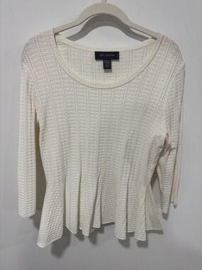 St. John Cream Textured Knit Flared Peplum Top Large